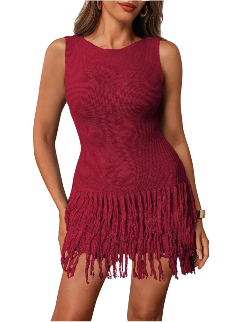 Women's Maroon Sleeveless Mini Crew Neck Bodycon Knit Fringe Party Club Dress